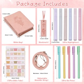 19PCS Floral Pink Leather Bible Cover for Women Bible Cover Cases for Teen Girls Christmas Gift Christian Bags Journaling Kit with Shoulder Strap Highlighter Pens & Book Marker 10.47 * 7.48 * 2.17in