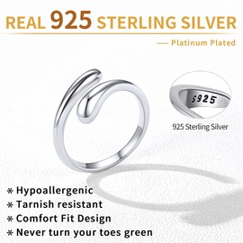 ChicSilver 925 Sterling Silver Toe Ring for Women Hypoallergenic Adjustable Teardrop Simpe Toe Band Ring Women Beach Foot Jewelry Mom Gifts for Mothers Day