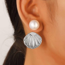 Inateannal Boho Pearl Shell Ear Jacket Earrings Silver Shell Dangle Earrings Large Pearl Stud Earrings Cowrie Seashell Drop Earrings Vintage Metal Seashell Earrings