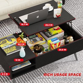 Modern Lift Top Coffee Table Wooden Small Coffee Table Easy Setup Coffee Table with Storage Shelf Hidden Compartment for Living Room Home Office (Black)