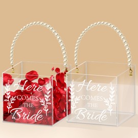 Pahdecor 2pcs Clear Flower Girl Basket set of 2 Acrylic Flower Basket With Pearl Handle Wedding Flower Girl Basket - Here Comes the Bride