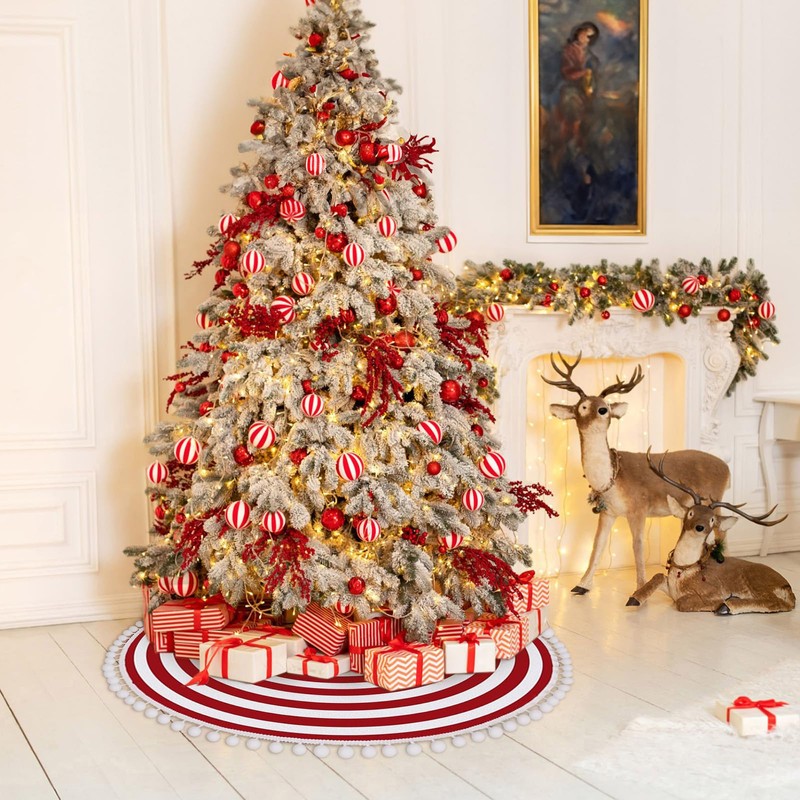 MACTING Christmas Tree Skirt 24" Red White Striped Tree Mat
