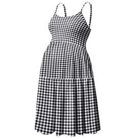 GINKANA Maternity Dress Spaghetti Strap Sleeveless Adjustable Strappy Summer Casual Pregnancy Swing Dress,Black White Plaid,M
