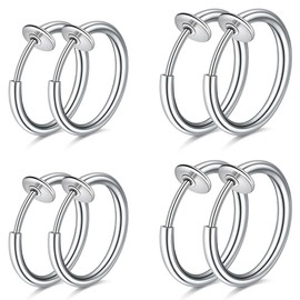 WKRTDY 4 Pairs Stainless Steel Clip On Earrings for Men & Women, Fake Earrings, No Piercing Required, Hoop Ring & Ear Cuff Design, Perfect for Men & Girls, Silver, Metal