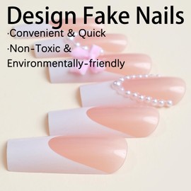 Press on Nails Coffin Long 24Pcs Glossy Full Cover French Acrylic Square False Nails with Pearl Bow Designs Artificial Ballerina Fake Nails with Charm Glue Stick on Fingernails for Women Girls