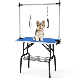 DWVO 42'' Dog Grooming Table, Foldable Pet Grooming Table with Adjustable Arm, Loop, and Mesh Tray, Non-Slip Portable Dog Bathing Station, Blue