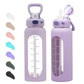 SIEROZUR 32 oz Glass Water Bottle with Straw and Handle 1 Liter Glass Water Bottle with Silicone Sleeve and Time Marker Sports Water Jug Wide Mouth for Travel Gym