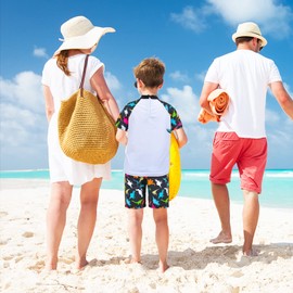 PAMAID Boys Two Piece Rash Guard Swimsuits Kids Short Sleeve Swimwear Sets Bathing Suit with Sun Hat for 2-6 Years Black