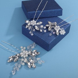 Octwine Handmade Bride Wedding Silver Gold Flower Rhinestone Hair Pins Bridal Hair Accessories Rhinestone Pearls Hair Pins Crystal Pearls Hair Clips for Women (Silver, Width 4.13 inches)