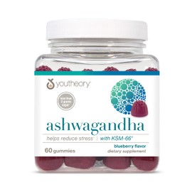 Youtheory Ashwagandha - Vegan Stress Support Supplement with KSM-66 & Ginger Extract - Low Sugar - Diary, Gluten & Soy-Free - Blueberry, 60 Gummies