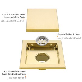 RANDOM 6-inch Square Shower Floor Drain with Tile Insert Grate Removable Multipurpose Invisible Look or Flat Cover,SUS304 Stainless Steel Brushed Gold.