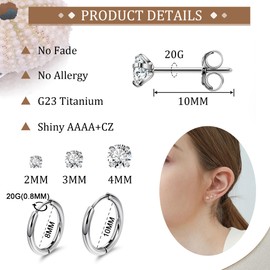 SOMEITIA 20G G23 Titanium Stud Earrings for Women Men Titanium Earrings for Sensitive Ears Huggie Hoop Earrings Hypoallergenic Tiny CZ Cartilage Earring Titanium Earrings Sets for Multiple Piercing W