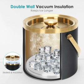 ZORMY 3L Double-Wall Vacuum Insulated Stainless Steel Ice Bucket with Lid & Tong，Wine and Champagne Bucket for Home & Parties（BlackGold）