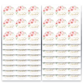 Mobiusea Creation 108 Pcs “You’re Invited” Pink Floral Stickers with Roses – 1.4" Waterproof Gold Foil Envelope Seals for Weddings, Bridal Showers, Birthdays & Baby Showers