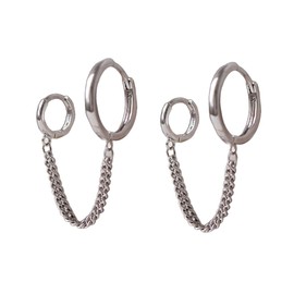 Minimalist Double Small Hoop Earrings for Women Silver Gold Plated Link Chain Tassel Dangle Drop Huggie Hoops Earring Simple Ear Piercing Cuff Two Holes Jewelry for Sister Niece