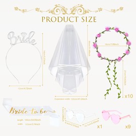 SANLIUSANJIU 24 Piece Hen Party Flower Wreath Hair Set, with Bride Sash, Veil, Tiara, 11Bride Heart Sunglasses, 10 Team Bride Flowers Crown, JGA Bachelorette Party Accessories