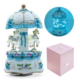 AttoShow Carousel Music Box，Luxury Color Change LED Light Music Box,Luminous Rotating 3-Horse Musical Box Box for Girls Birthday Valentine Gift (You are My Sunshine, Blue)