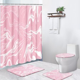 ArtSocket Pink and White Shower Curtain Set with Rugs, Marble Bathroom Set with Non-Slip Rug, Toilet Lid Cover, Bath Mat and 12 Hooks 72x72 inches Bathroom Decor 4 Pcs