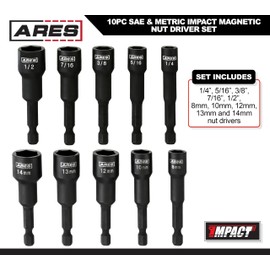 ARES 27102-10-Piece SAE and Metric Impact Magnetic Nut Driver Set - 2 1/2-Inch Impact Grade Nut Setters with Industrial Strength Magnets and Holders