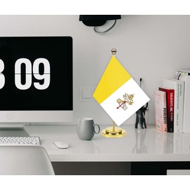 Vatican Desk Flag,12 inch Tall Small Vatican Indoor Banner,Tiny Printing Decor For Office Home Table Meeting With Golden Metal Pole Base