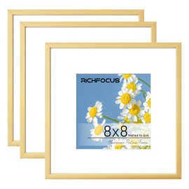 RICHFOCUS 8x8 Picture Frame Set of 3|Square Frame 8 x 8 Matted to 4x4 Gold|8x8 Metal Aluminum Photo Frames with Stand for Tabletop or Wall Hanging|Hardwares Included