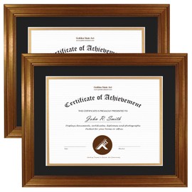 Golden State Art, 11x14 Dark Gold Document Frame for 8.5x11 Diploma/Certificate, Sawtooth Hangers for Wall Mounting with Real Glass (Black/Gold Double Mat, 2-Pack)