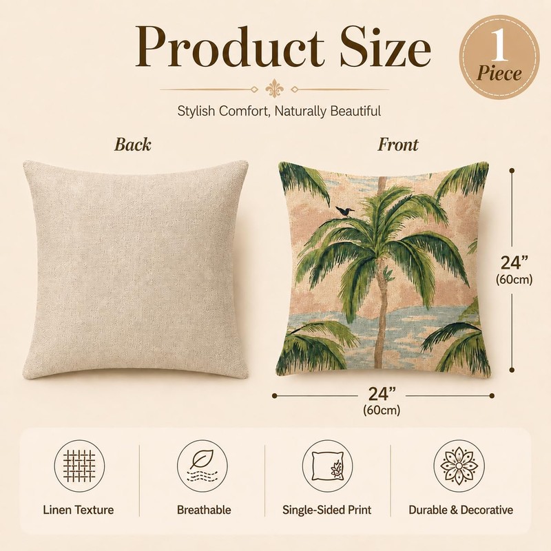 Retro Palm Tree Throw Pillow Cover 24x24 Inch Tropical Cushion