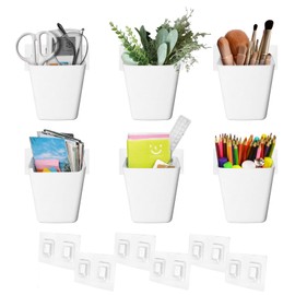 LIGHT DUST Wall Caddy Pen Holders, 6 Pack White Large Pencil Cups Organizer for Marker/Remote/Crayon/White Board Accessories, with Adhesive Stickers, Office Home Craft Class Kids Room Art Organization