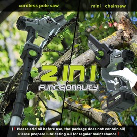 2-in-1 Cordless Pole Saw (2025 Upgraded), 7 Inch Brushless Mini Chainsaw with Extension Pole, Pole Saws for Tree Trimming Battery Powered with 2x 20V 4000 mAh Battery, 16ft Reach Electric Pole Saw