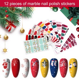 YECIRALA 12 Sheets Christmas Nail Polish Stickers Full Nail Wraps for Women Girls Kids Christmas Holiday Stickers Decals for Nails Polish Strips Christmas Father Tree Snowflake Stickers Nail Strips