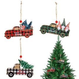 Christmas Tree Ornaments Set of 3 Wooden Christmas Ornaments Ornaments Santa Claus Car Christmas Tree Ornaments Decoration Decoration Gift Tag with String Red Green Gray (Red + Green + Gray)