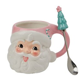December Diamonds North Pole Sweet Shoppe Pink Santa Head Mug with Spoon - Cute Vibrant Christmas Mug for Holiday Beverages
