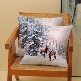 AGAYNA Winter Pillow Covers 16x16 White Snowflake Wildlife Deer Decor Throw Pillows Case for Couch Tree Christmas Indoor Outdoor Decorative Cushion Cases for Sofa Bed Decorations Set of 2