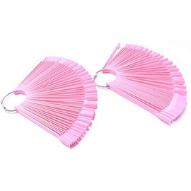 2 Sets 100 Tips Fan Shape Plastic Nail Art Tips Display Polish Board Display Practice Sticks with Metal Split Ring Holder (Pink)