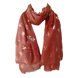 GlamLondon Stars Scarf Rose Gold Glitter Foil Antique Star Print Ladies Party Wedding Fashion Wrap (Rust)