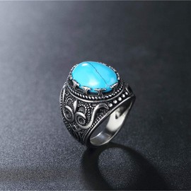 HIJONES Men's Vintage Luxury Oval Stone Ring Stainless Steel Gothic Carved, Cubic Zirconia