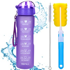 XACIOA 32oz Water Bottle with Straw&Time Markings,Leakproof BPA Free,Ensure You Drink Enough Water Throughout The Day for Fitness and Outdoor Enthusiasts,With Straw and Brush