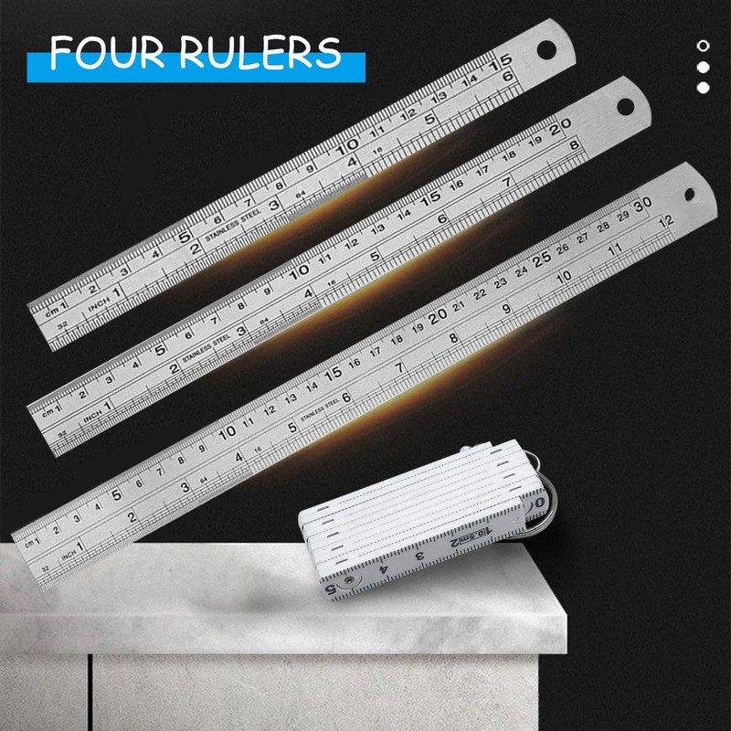 Set of 3 steel rulers and 1 plastic folding ruler,
