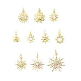 Ipotkitt 10pcs 10 Styles Sun Themed Brass Charms Metal Celestial Ornaments Cubic Zirconia Charms 18K Gold Plated Ornaments for DIY Craft Lanyard Jewelry Making, Brass, No Gemstone
