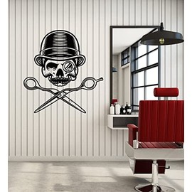 Vinyl Wall Decal Barber Shop Man Hair Salon Scissors Skull Bones Stickers Mural Large Decor (g7469) Black