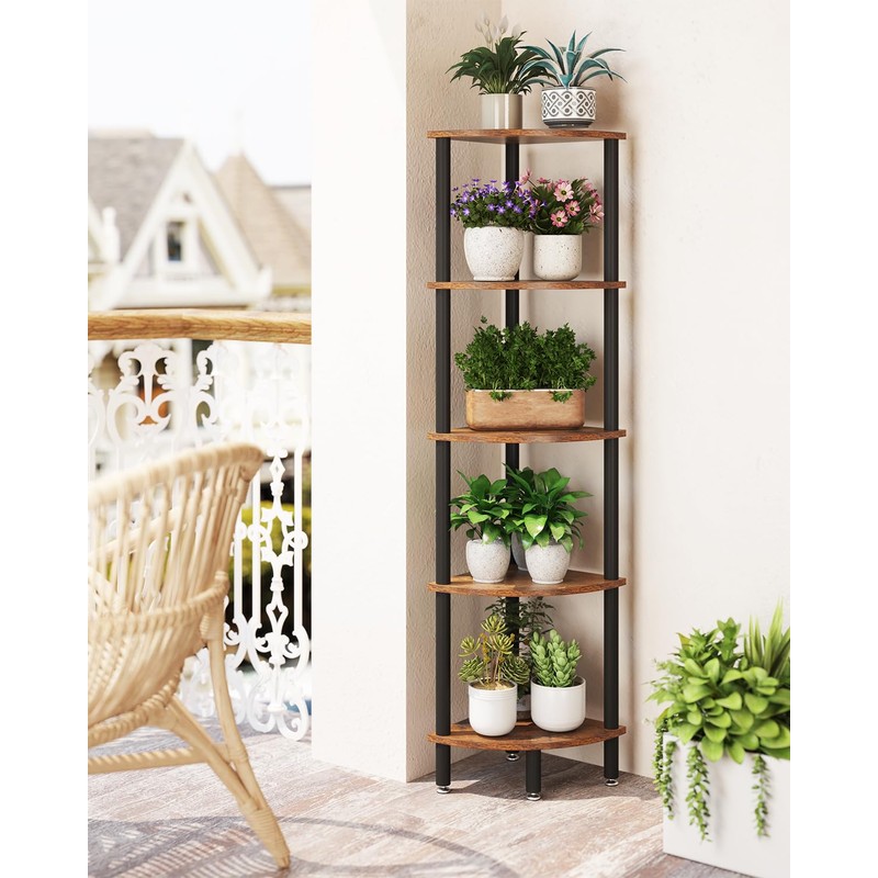 IBUYKE 5 Tier Corner Shelf Stand,Industrial Corner Display Rack,Corner Bookshelf