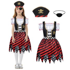 Aomig Girls Pirate Costume, 3 Pcs Pirate Role Play Dress Up Set with Pirate Hat & Pirate Eye Patch, Pirate Outfit for Kids, Pirate Princess Deluxe Dress for Pirate Themed Birthday Party Holloween