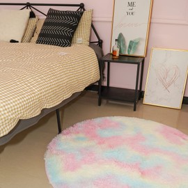 ConCus-T Round Rainbow Rug for Girls Bedroom Shag Faux Fur Rainbow Rug Colorful Tie Dye Area Rug Fluffy Rainbow Carpet for Living Room Bathroom, 120cm