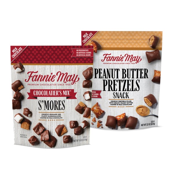 Fannie May, Milk Chocolate Candy, S'mores Snack Mix and Peanut Butter Pretzel Snack, 2 Pack, 18 Oz and 22 Oz Bags