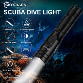 2500 Lumens Scuba Diving Light Underwater Flashlight IPX8 100M Waterproof Spot Beam Rechargeable Dive Torch for Snorkeling Cave Diving Tech Diving Free Diving Spearfishing Water Rescue Marine