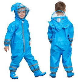 FILOWA Raincoat Kids Hooded Kids Puddle Suit All in One Waterproof Rainsuit Lightweight Portable Blue Rainwear Breathable PVC Transparent Hat Brim Zipper Muddy Suit Unisex 5-7 Years