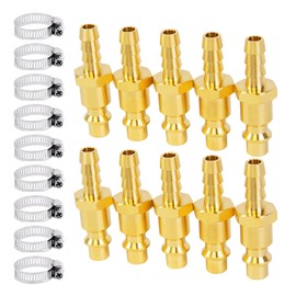 ChillWaves Brass Industrial Type M/D Air Hose Fittings, 1/4" Barb x 1/4" Flow Air Plug，Quick Connect Air Hose Fittings with Hose Clamp(10-PACK)