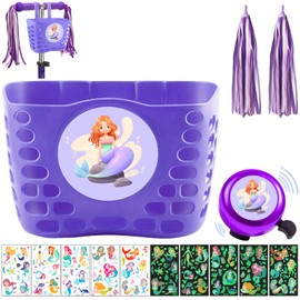 LUKIUP Children's Bicycle Basket, Front Handlebar Basket, Mermaid Girls, Braided Shopping Basket, Balance Bike Handlebar Bag, Removable Bicycle Basket Made of Rattan with Streamers Bicycle Bell