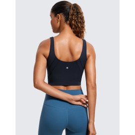 CRZ YOGA Butterluxe Womens V Neck Longline Sports Bra - U Back Padded Crop Workout Tank Tops with Built in Pads Twilight Blue Small