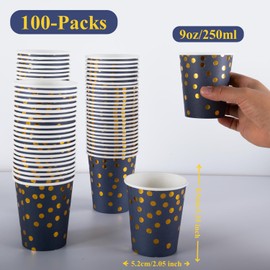CEILIWEN 100-Pack 9oz (250ml) Navy Blue & Gold Foil Dot Party Cups - Elegant Royal Blue Paper Cups for Hot & Cold Beverages - Ideal for Weddings, Celebrations, and Events